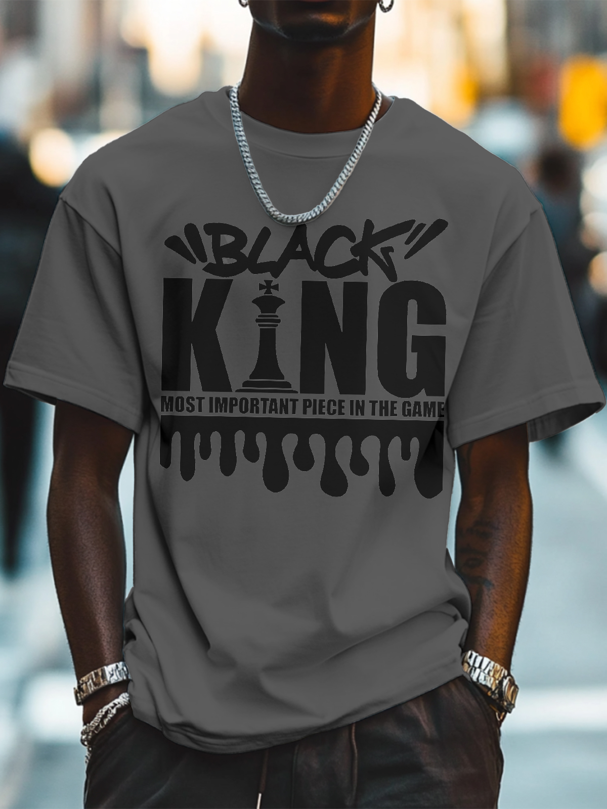 Men's Black King Most Important Piece In The Game Print Cotton Casual T-Shirt-Styleame