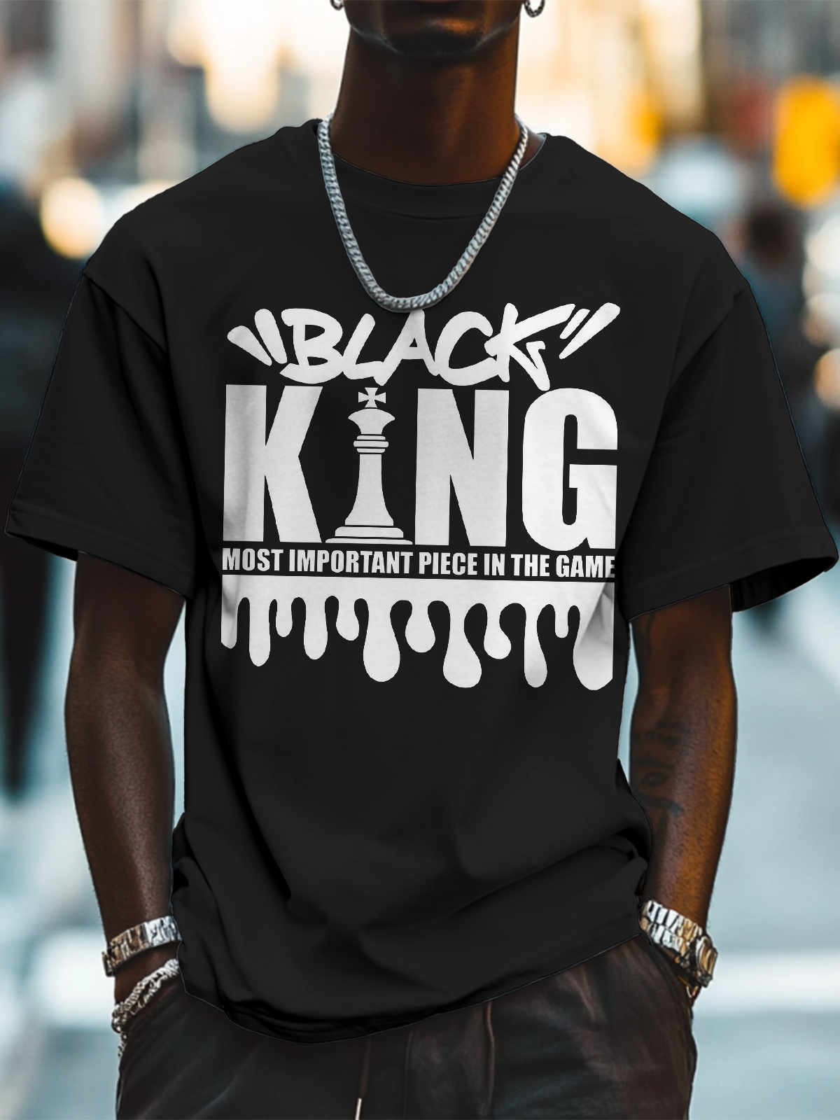 Men's Black King Most Important Piece In The Game Print Cotton Casual T-Shirt-Styleame