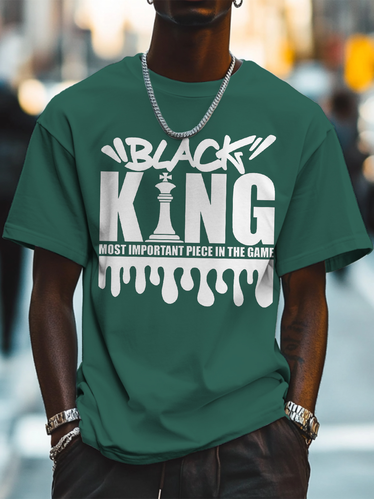 Men's Black King Most Important Piece In The Game Print Cotton Casual T-Shirt-Styleame