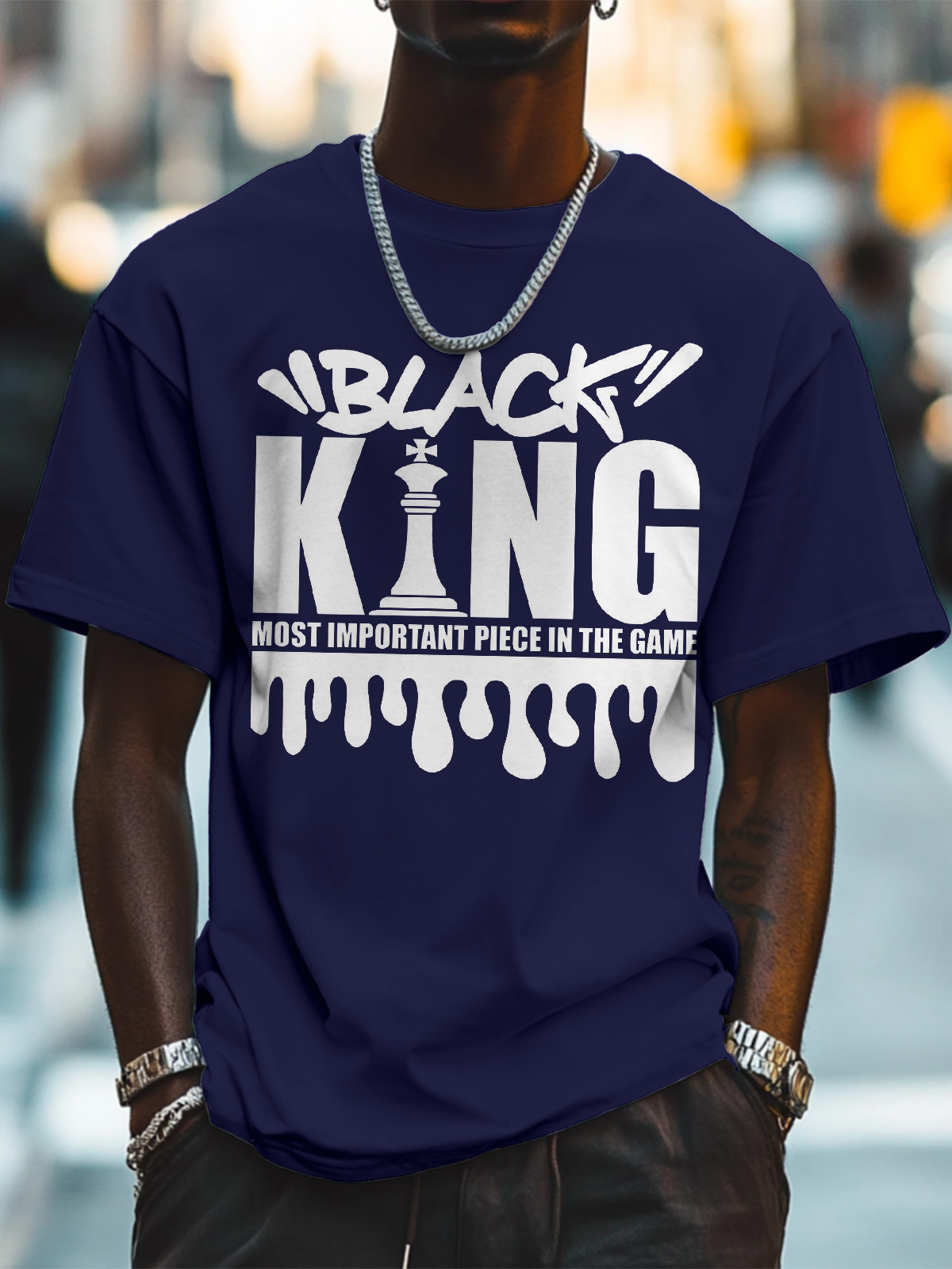 Men's Black King Most Important Piece In The Game Print Cotton Casual T-Shirt-Styleame
