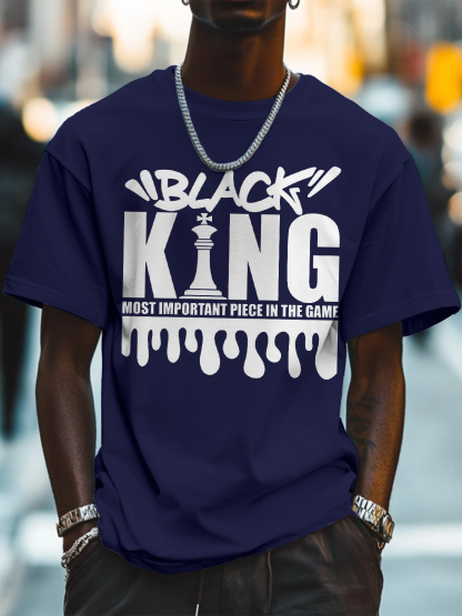 Men's Black King Most Important Piece In The Game Print Cotton Casual T-Shirt-Styleame