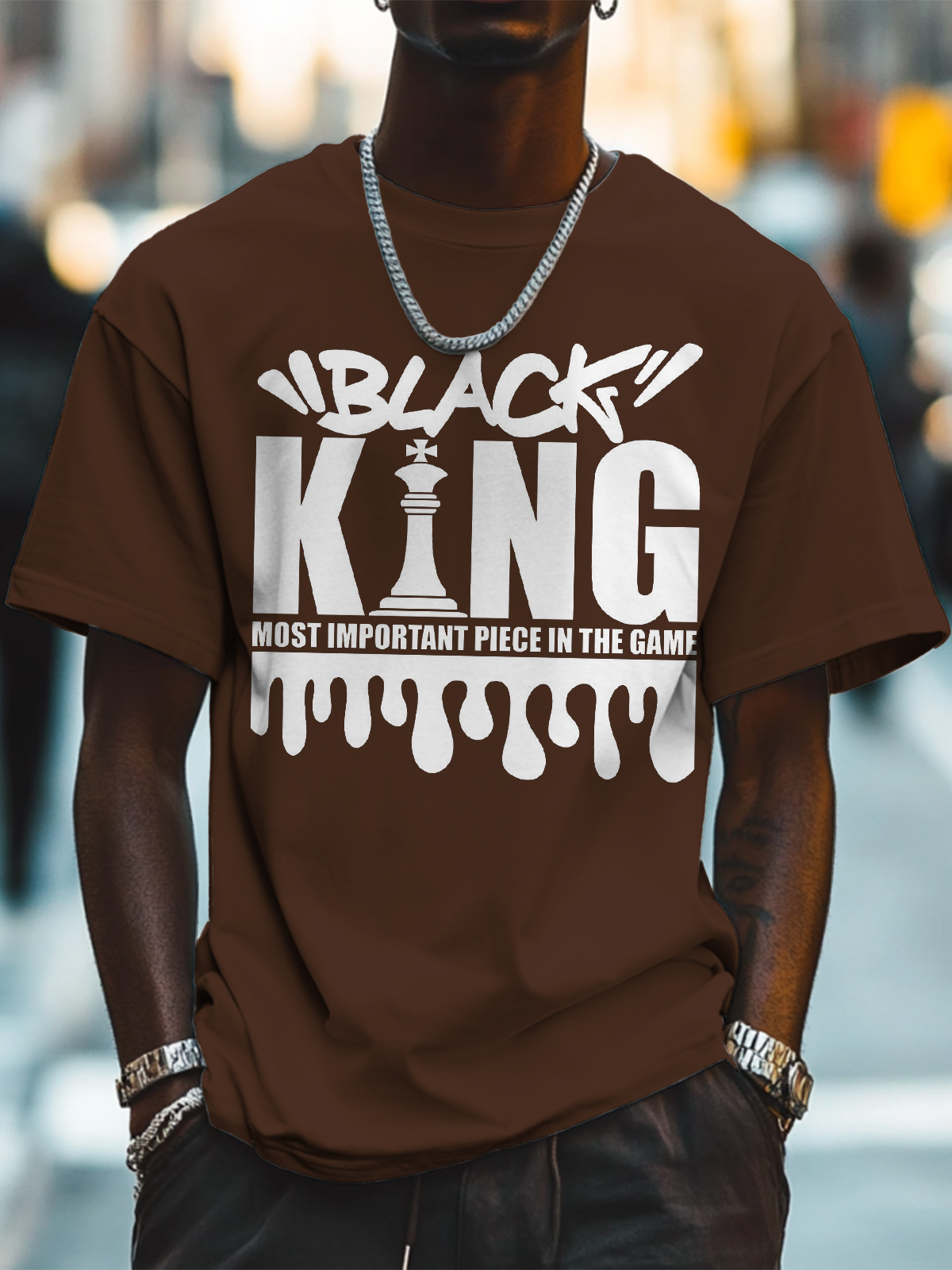 Men's Black King Most Important Piece In The Game Print Cotton Casual T-Shirt-Styleame