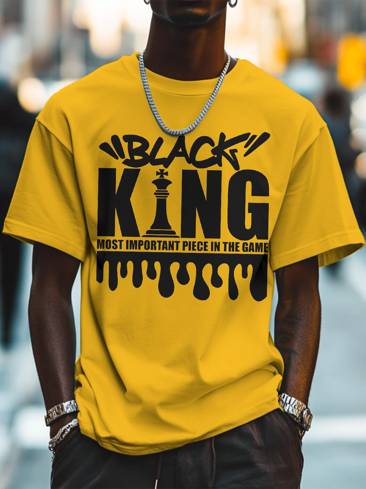 Men's Black King Most Important Piece In The Game Print Cotton Casual T-Shirt-Styleame