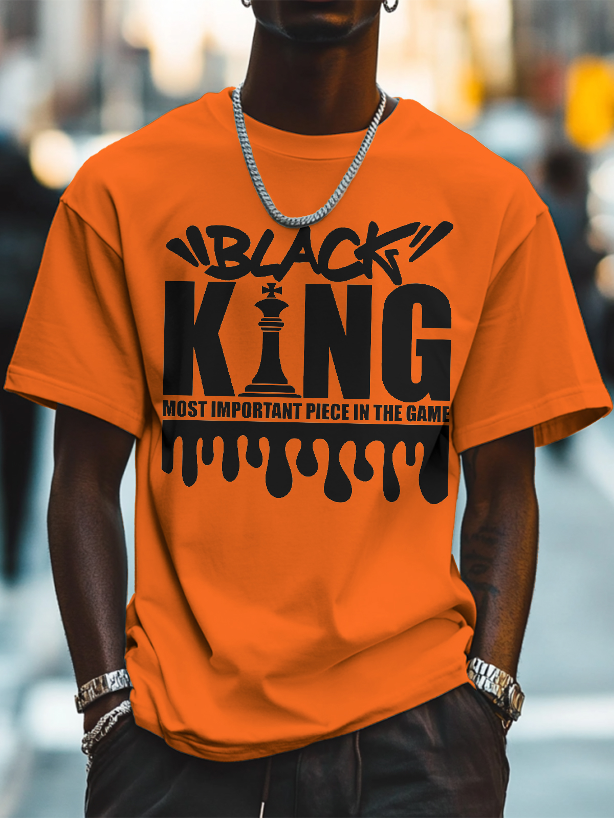 Men's Black King Most Important Piece In The Game Print Cotton Casual T-Shirt-Styleame