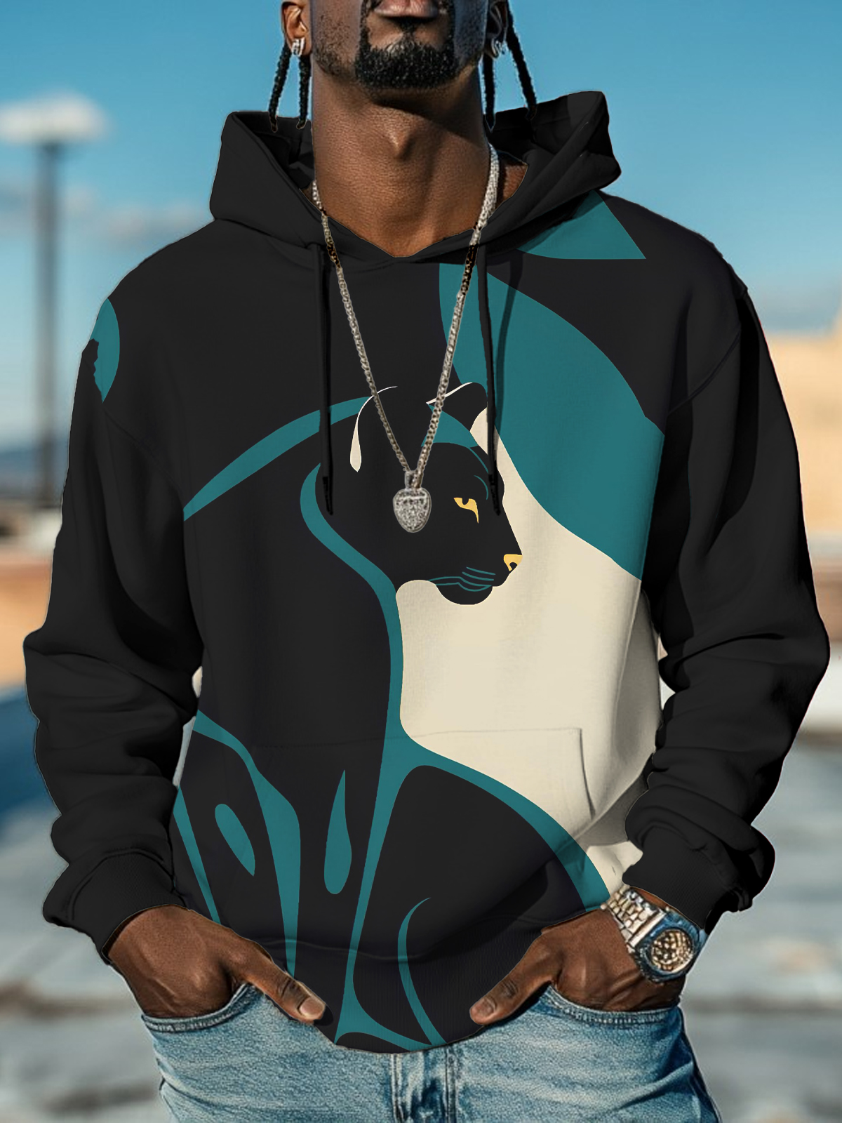 Men's Black Panther Color Block Art Print Hooded Sweatshirt-Styleame
