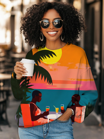 Women's Black Couple Drinking Cocktails On Vacation At Seaside Sunset Print Casual Sweatshirt-Styleame