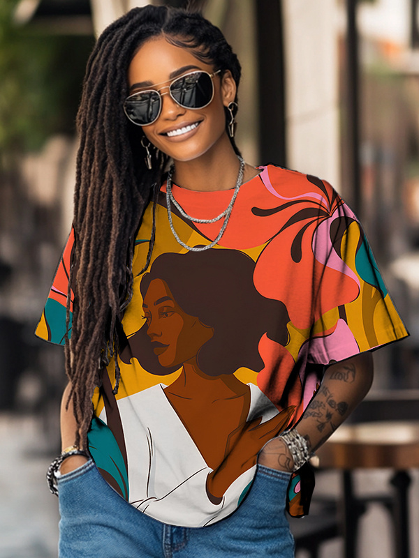 Women's Elegant African Woman With Flowers Art Print Casual T-Shirt-Styleame