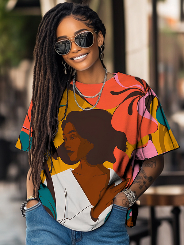 Women's Elegant African Woman With Flowers Art Print Casual T-Shirt-Styleame