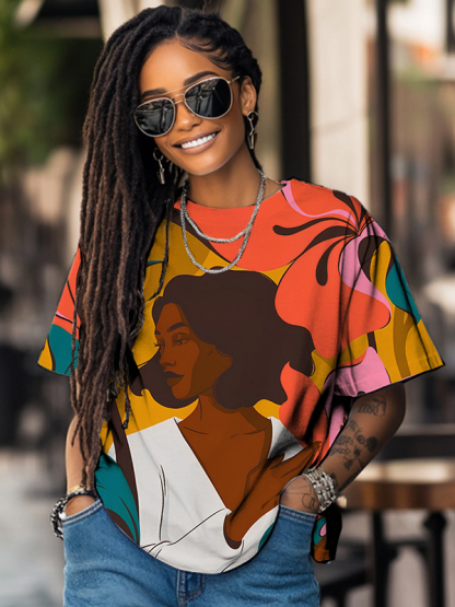 Women's Elegant African Woman With Flowers Art Print Casual T-Shirt-Styleame
