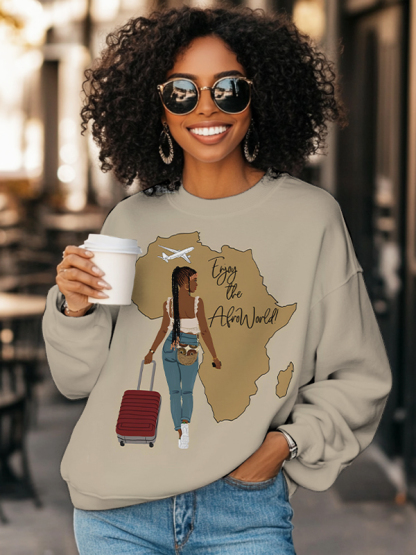 Women's Black Girl Travel Enjoy The Africans Print Casual Sweatshirt-Styleame