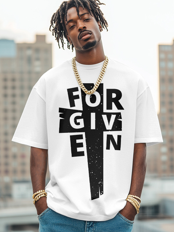 Men's Forgiven Cross Pattern Print Cotton Casual T-Shirt-Styleame
