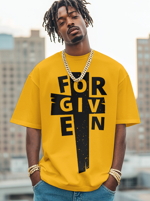 Men's Forgiven Cross Pattern Print Cotton Casual T-Shirt-Styleame