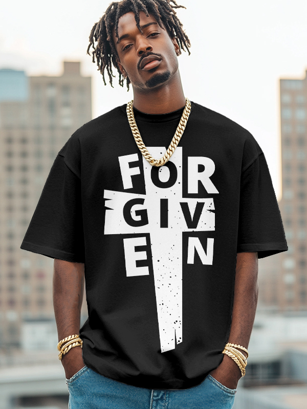 Men's Forgiven Cross Pattern Print Cotton Casual T-Shirt-Styleame