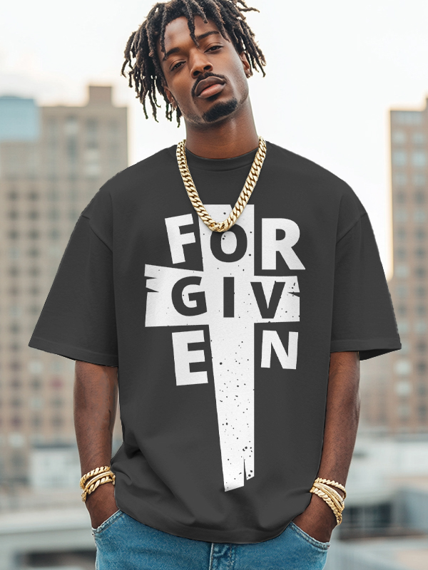 Men's Forgiven Cross Pattern Print Cotton Casual T-Shirt-Styleame