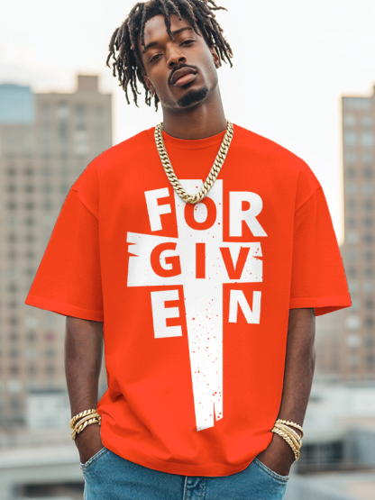 Men's Forgiven Cross Pattern Print Cotton Casual T-Shirt-Styleame