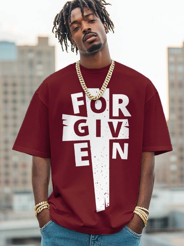 Men's Forgiven Cross Pattern Print Cotton Casual T-Shirt-Styleame