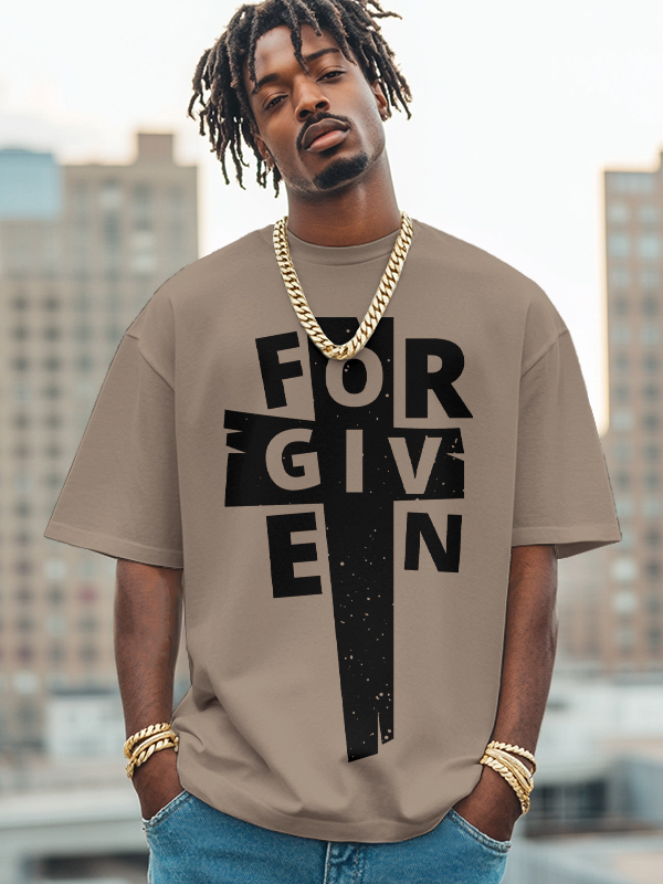 Men's Forgiven Cross Pattern Print Cotton Casual T-Shirt-Styleame