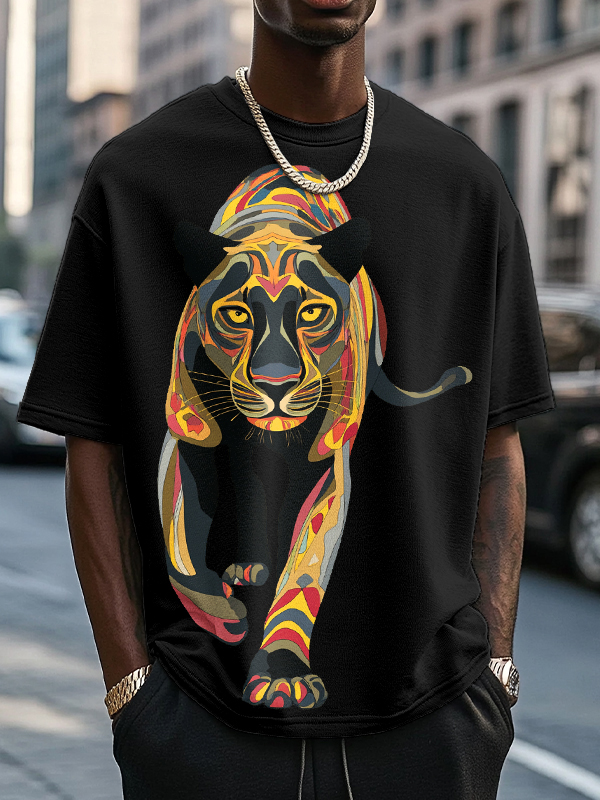 Men's Black Panther Colorful Art Print Cotton Casual T-Shirt-Styleame