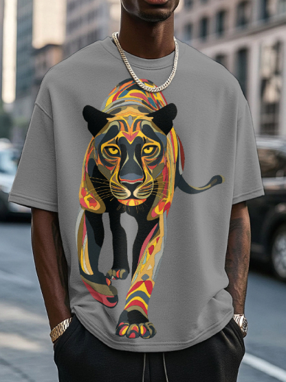 Men's Black Panther Colorful Art Print Cotton Casual T-Shirt-Styleame