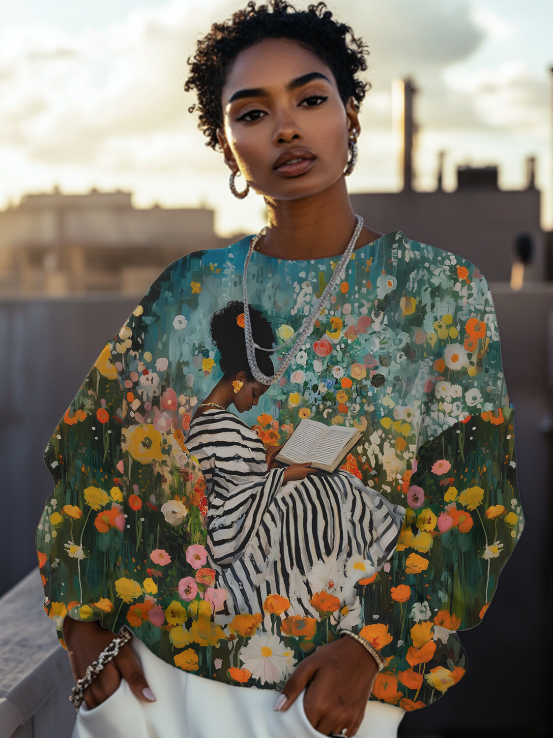 Women's Black Girl Garden Art Print Sweatshirt-Styleame
