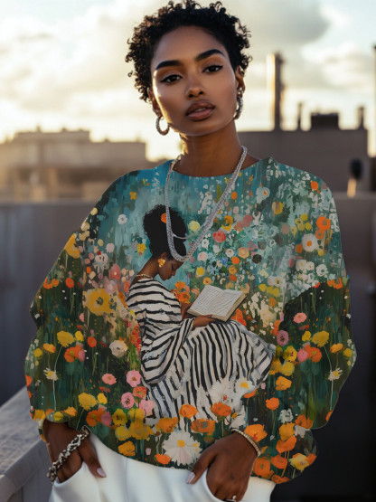 Women's Black Girl Garden Art Print Sweatshirt-Styleame