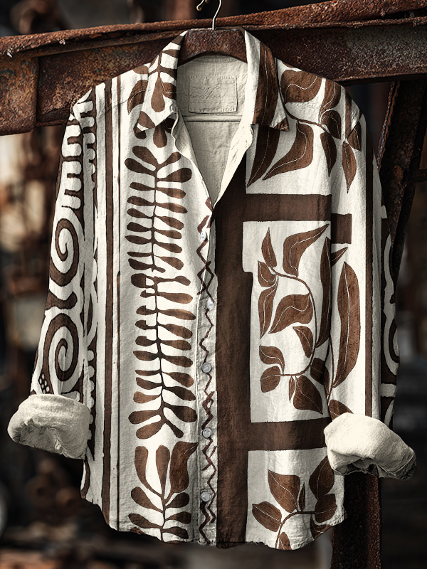 Men's Plant Geometric Folk Art Long Sleeve Shirt