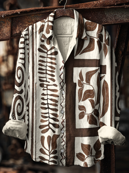 Men's Plant Geometric Folk Art Long Sleeve Shirt