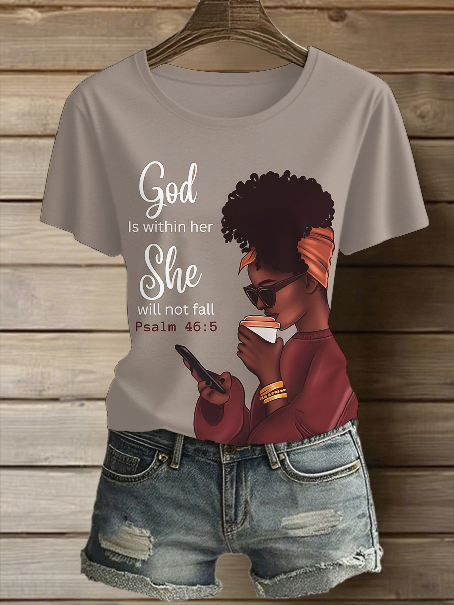 Women's God Is Within Her She Will Not Fall Art Print Casual T-Shirt-Styleame