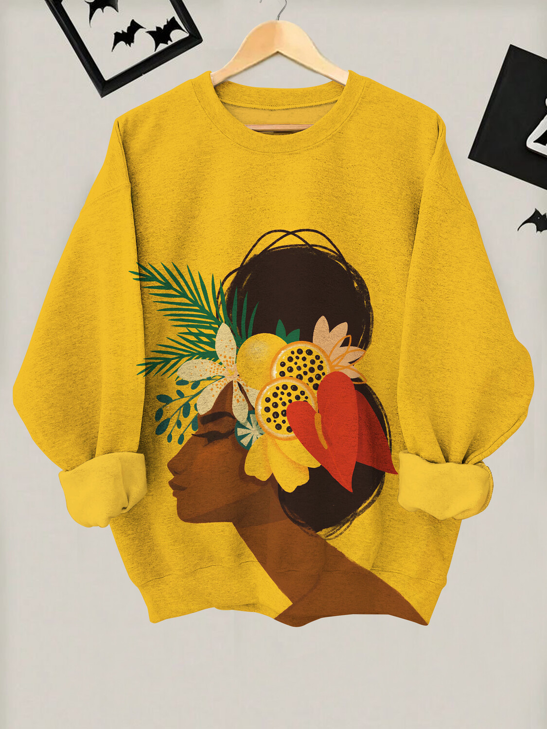 Women's Elegant African Woman Wearing Fruit Hair Accessories Art Print Casual Sweatshirt-Styleame