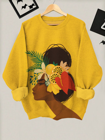 Women's Elegant African Woman Wearing Fruit Hair Accessories Art Print Casual Sweatshirt-Styleame