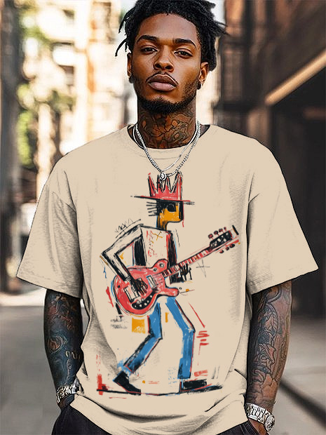 Men's Guitar Player Print Cotton Casual T-Shirt-Styleame