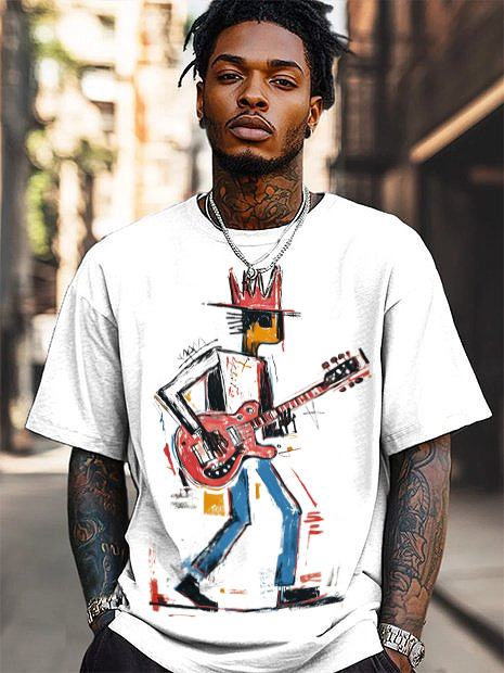 Men's Guitar Player Print Cotton Casual T-Shirt-Styleame