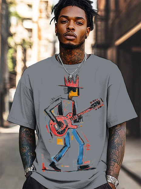 Men's Guitar Player Print Cotton Casual T-Shirt-Styleame