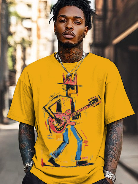 Men's Guitar Player Print Cotton Casual T-Shirt-Styleame