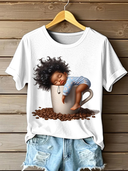 Women's Funny Brown Baby Coffee Print Casual T-Shirt-Styleame