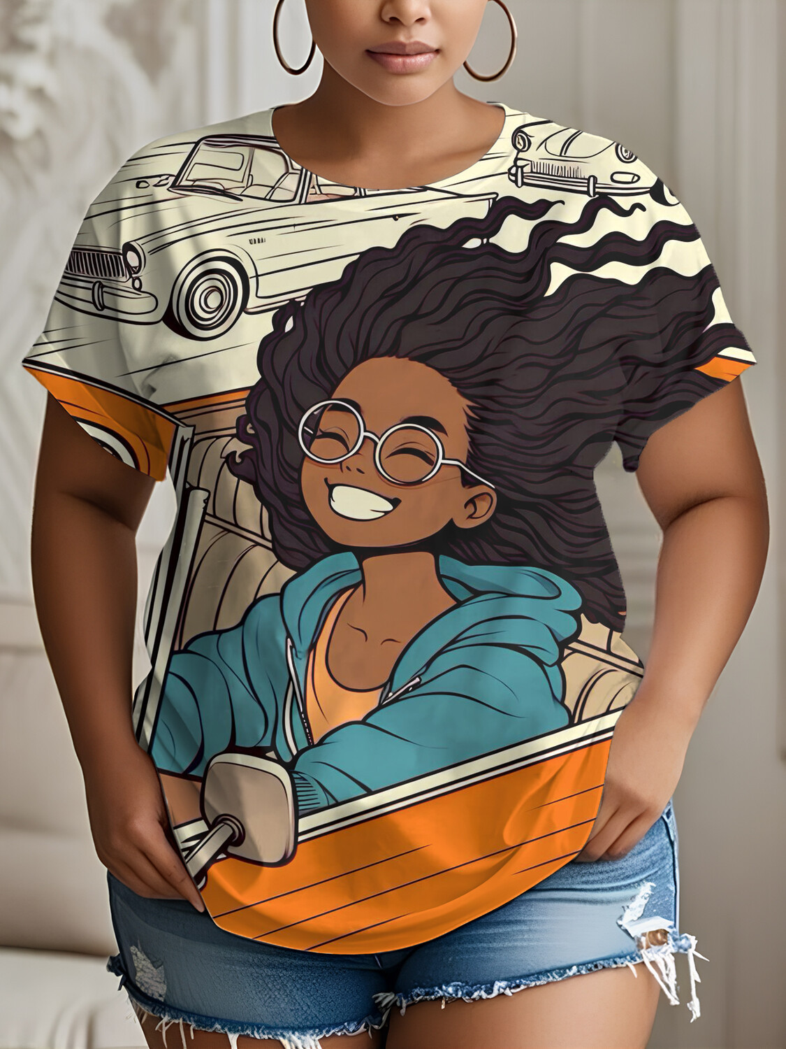 Women's African Girl Driving A Car Art Print Casual T-Shirt-Styleame