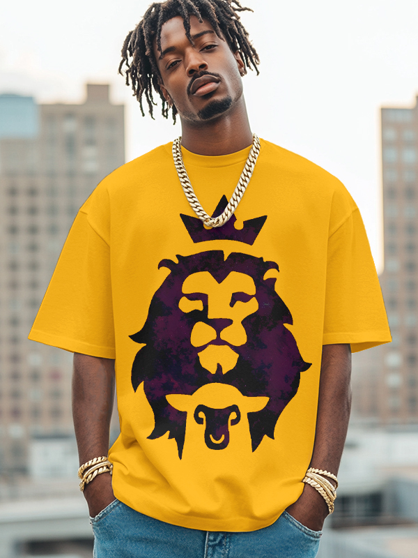 Men's The Lion And The Lamb Print Cotton Casual T-Shirt-Styleame