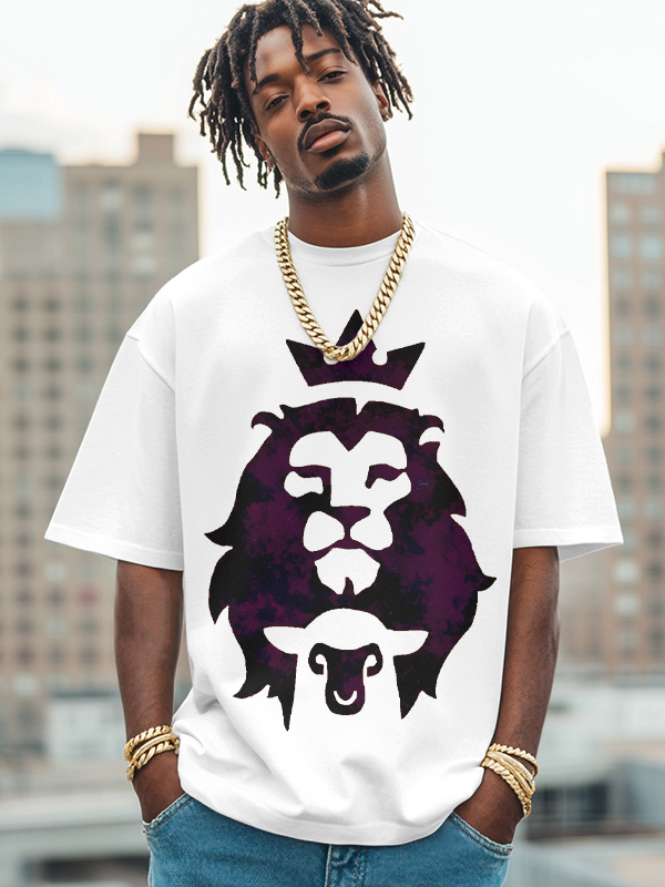 Men's The Lion And The Lamb Print Cotton Casual T-Shirt-Styleame