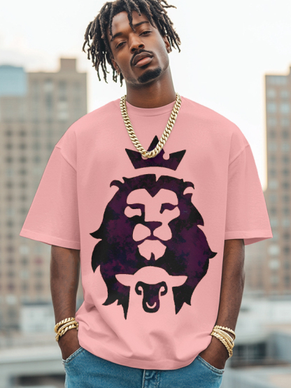 Men's The Lion And The Lamb Print Cotton Casual T-Shirt-Styleame