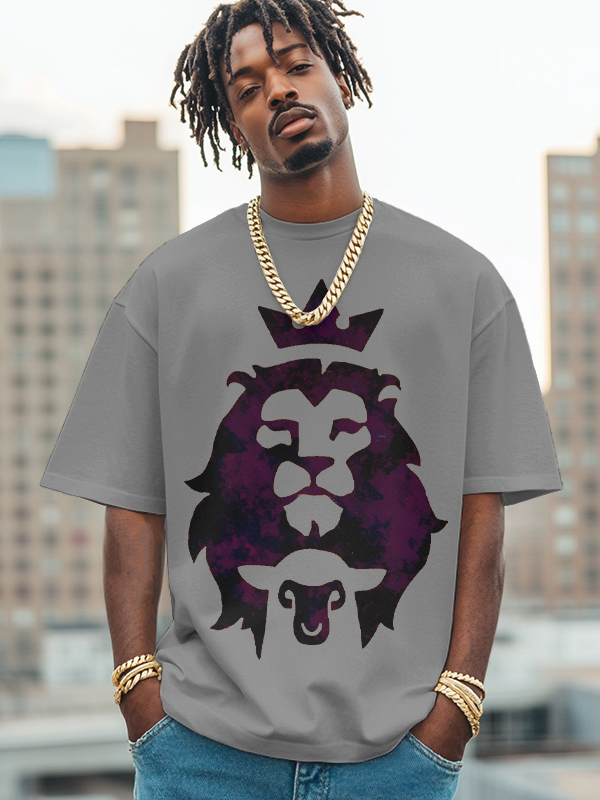 Men's The Lion And The Lamb Print Cotton Casual T-Shirt-Styleame