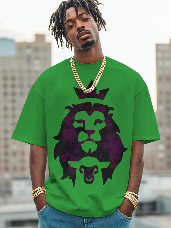 Men's The Lion And The Lamb Print Cotton Casual T-Shirt-Styleame