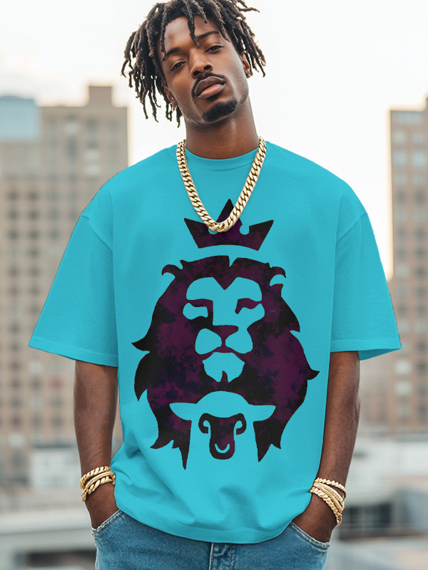 Men's The Lion And The Lamb Print Cotton Casual T-Shirt-Styleame
