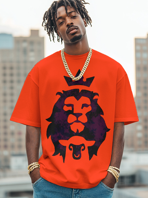 Men's The Lion And The Lamb Print Cotton Casual T-Shirt-Styleame