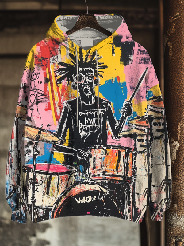 Men's Black Man Playing Drums Graffiti Art Print Casual Hoodie-Styleame