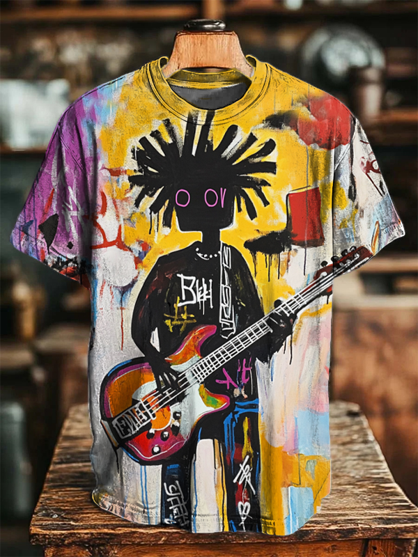Men's Rock Black Man Playing Guitar Art Print Casual T-Shirt-Styleame