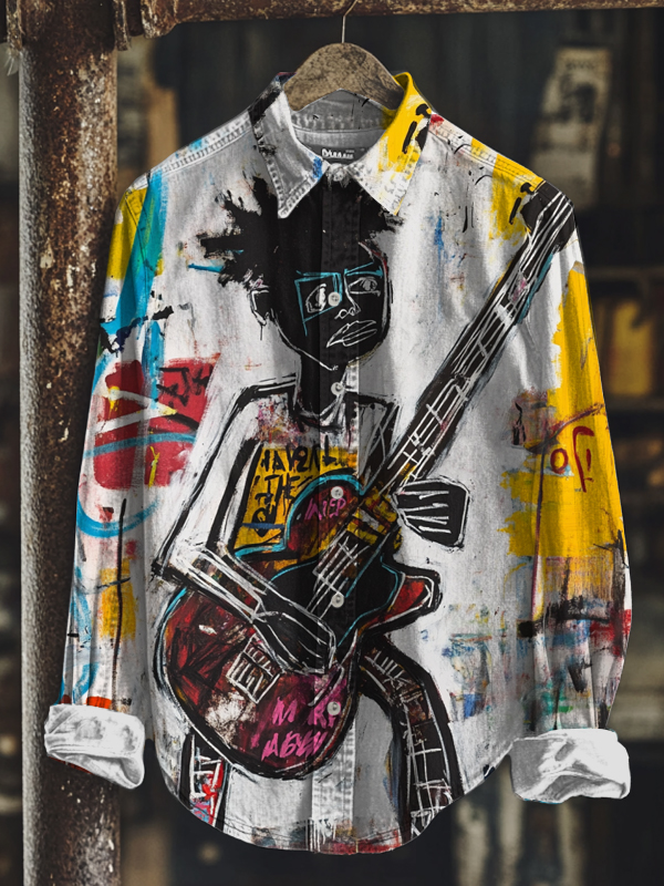 Men's Black Man Playing Rock Guitar Abstract Art Print Long Sleeve Shirt-Styleame