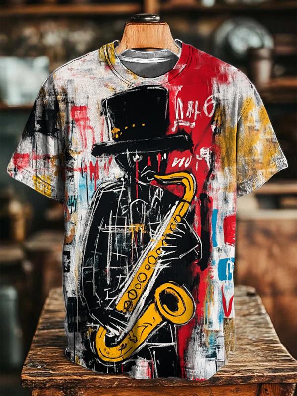 Men's Saxophonist Abstract Minimalist Painting Art Print Casual T-Shirt-Styleame