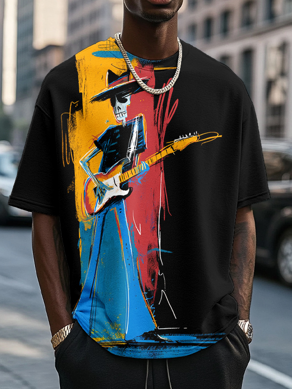 Men's Colorblock Graffiti Art Guitarist Print Casual T-Shirt-Styleame