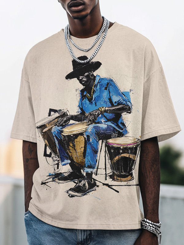Men's Djembe African Drum Player Art Print Casual T-Shirt-Styleame