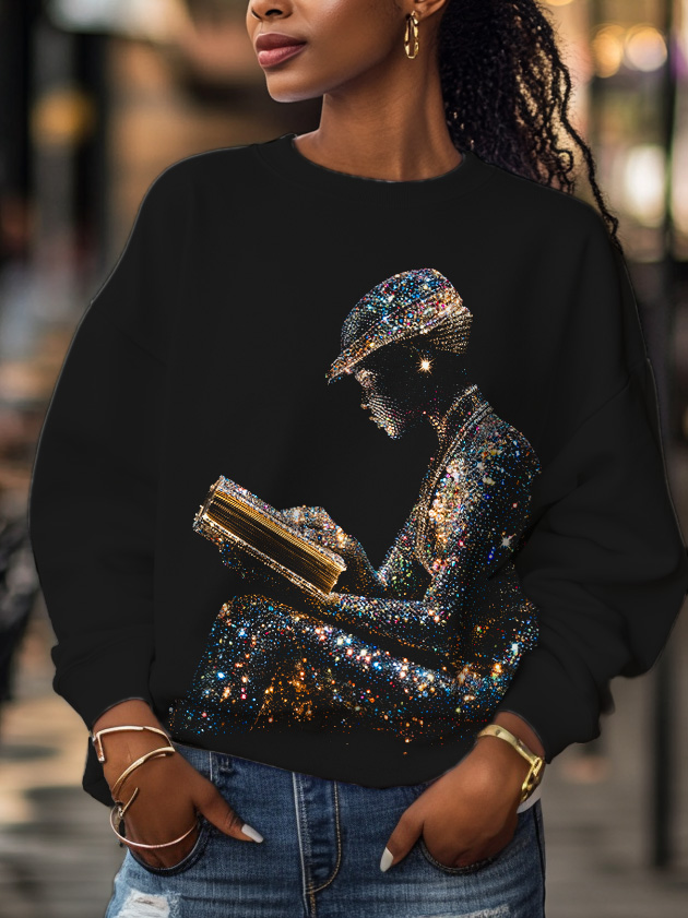 Women's Black Girl Reading Diamond Sculpture Print Sweatshirt-Styleame